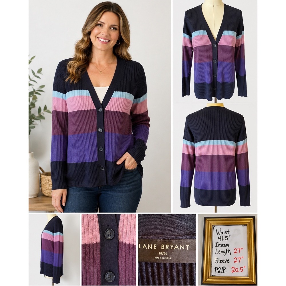 Lane Bryant Womens 18/20 Colorblock Striped Ribbed Knit V-Neck Cardigan Navy